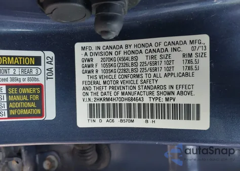 2013 Honda Cr-V Exl z USA, uszkodzony, nr VIN 2HKRM4H70DH684643